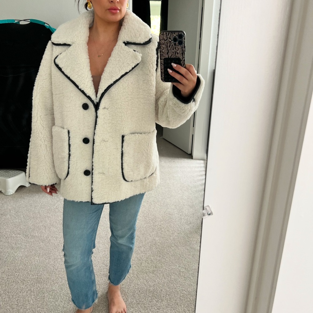 White Teddy Jacket with Oversized Fit and Notched Collar